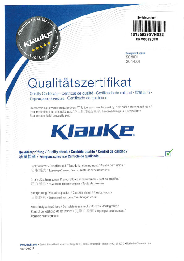 Klauke – EKM6022 Crimping Tool Quality Certificate