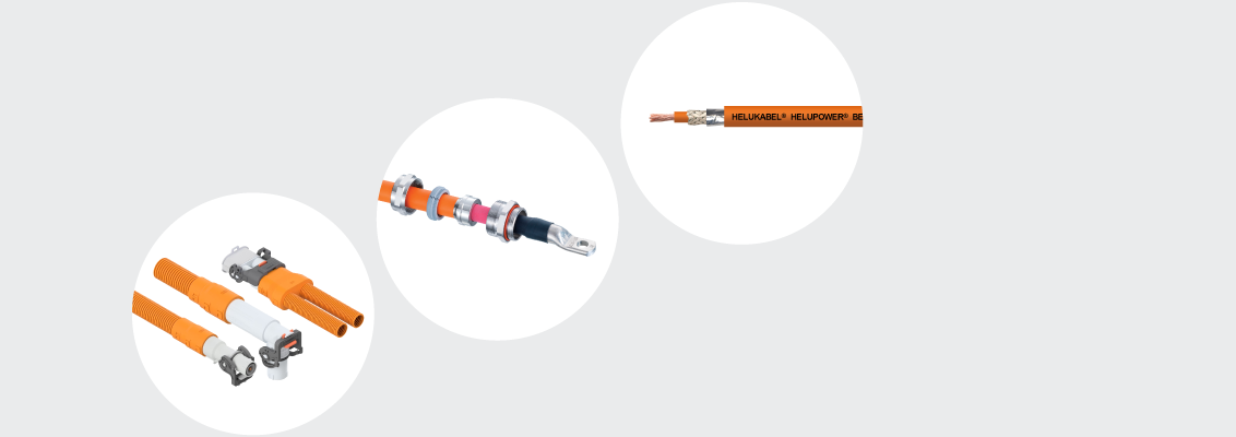 HELUKABEL HELUPOWER® BEV-C cable, AGRO EVolution EMC cable glands and Harnessflex EVO™ conduits for high-voltage vehicle applications.