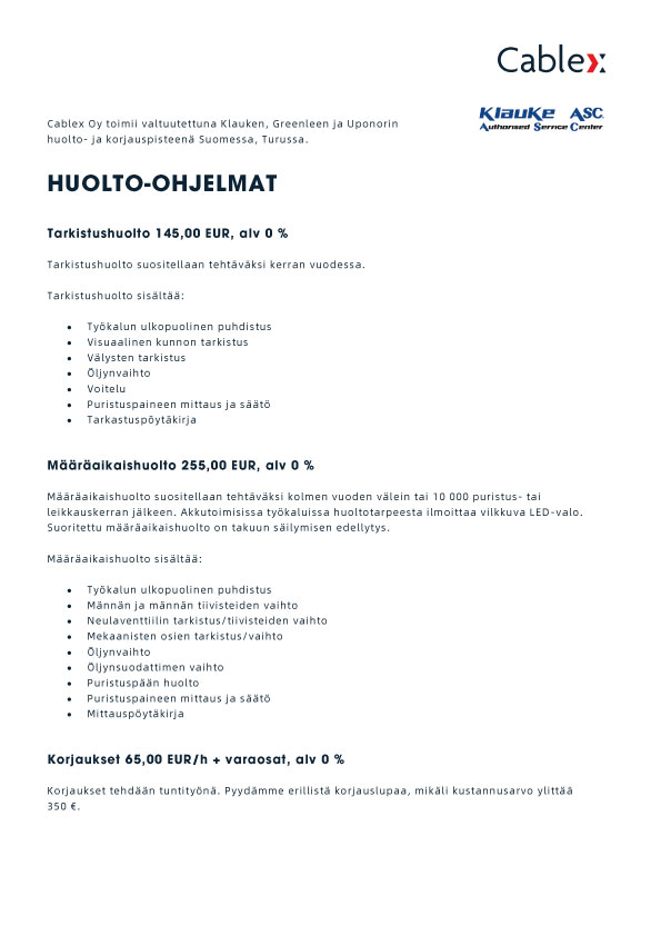 Huolto-ohjelma ja toimitusohjeet