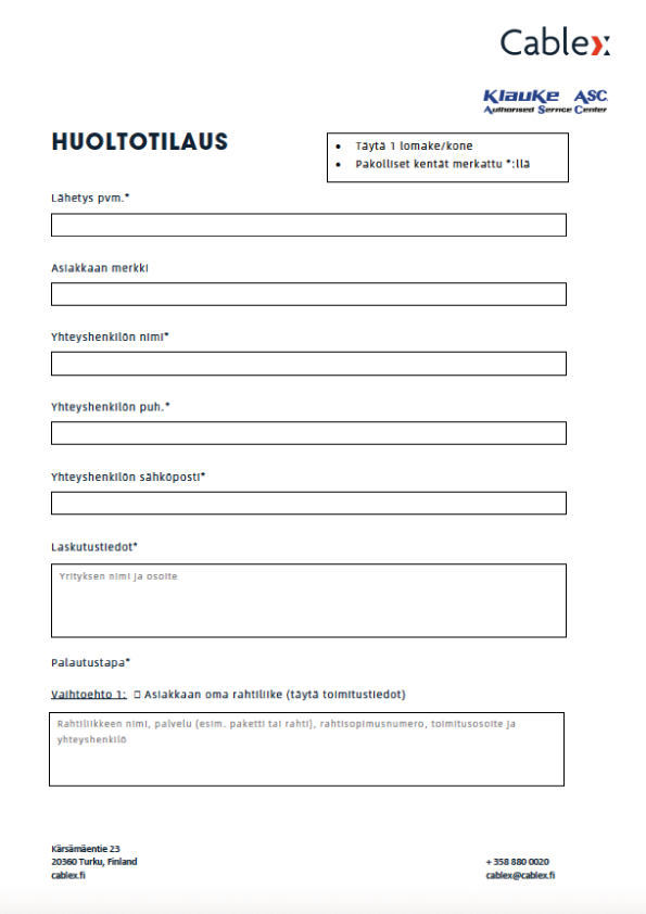 Tulostettava huoltotilaus